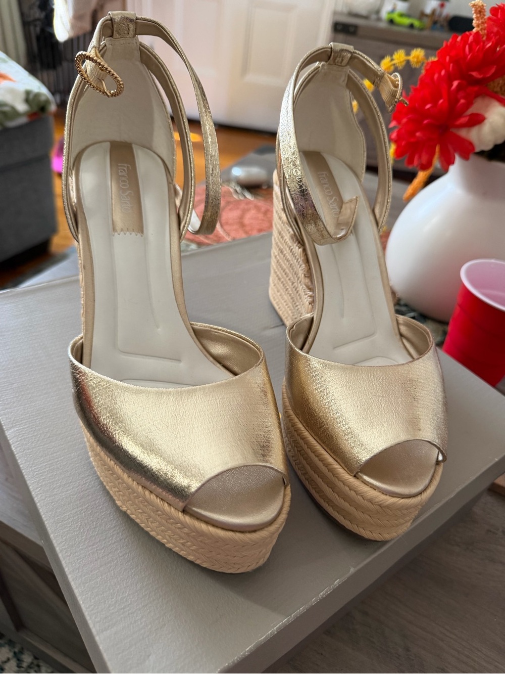 Franco sarto women’s size 10 Gold Platform Wedge Sandals with Ankle Strap used